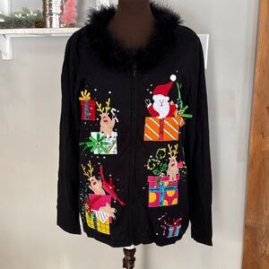 Berek ugly Christmas sweater womens size large black feathers Santa reindeer hol